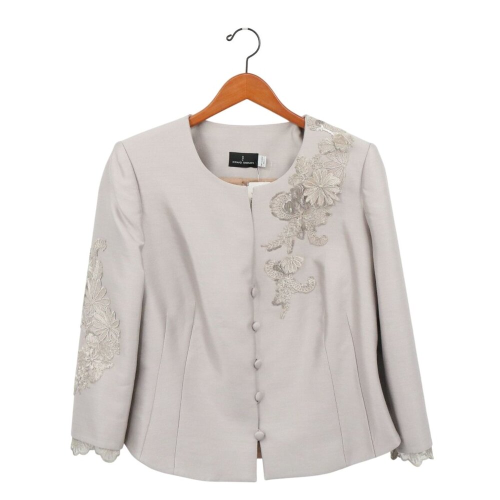 NWT Craig Signer Lined Gray Lace Flower Applique Evening Jacket